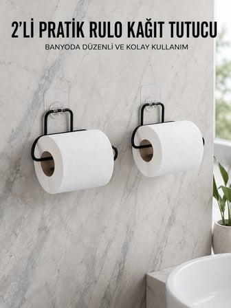2 Adet Siyah Yapışkanlı Kağıtlık Duvar Tipi Tuvalet Kağıdı ve Rulo Tutucu