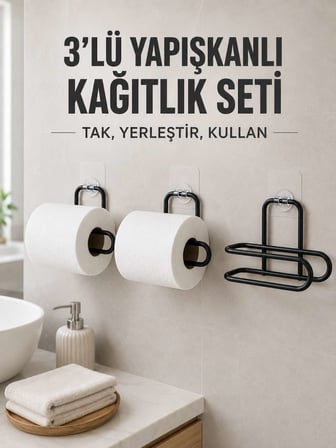 3 Adet Yapışkanlı Rulo Tutucu Siyah Metal Tuvalet Kağıdı Askısı