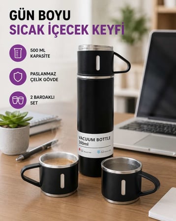 Paslanmaz Çelik 500 ml Termos Seti – 8 Saat Isı Koruma, Vakumlu, Sızdırmaz ve Taşınabilir