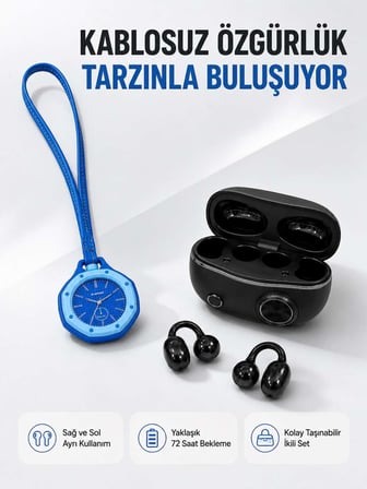Kablosuz Kulaklık ve Mavi Çanta Charm Saat Kampanya Seti Taşınabilir Günlük Kullanım