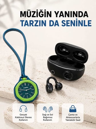 Kablosuz Kulaklık ve Yeşil Askılı Çanta Charm Saat Kampanya Seti Şarj Kutulu Bluetooth Kulaklık