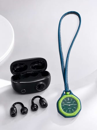 Kablosuz Kulaklık ve Yeşil Askılı Çanta Charm Saat Kampanya Seti Şarj Kutulu Bluetooth Kulaklık