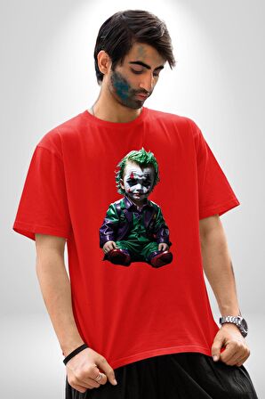 Bebek Joker Yapay Zeka Tasarımı Pamuklu Bisiklet Yaka Kadın Erkek Oversize Boyfriend Dijital Baskılı Kırmızı T-Shirt