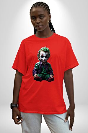 Bebek Joker Yapay Zeka Tasarımı Pamuklu Bisiklet Yaka Kadın Erkek Oversize Boyfriend Dijital Baskılı Kırmızı T-Shirt