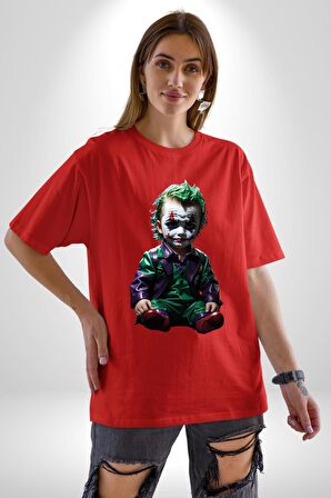 Bebek Joker Yapay Zeka Tasarımı Pamuklu Bisiklet Yaka Kadın Erkek Oversize Boyfriend Dijital Baskılı Kırmızı T-Shirt