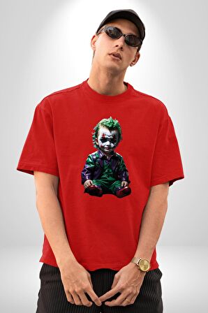 Bebek Joker Yapay Zeka Tasarımı Pamuklu Bisiklet Yaka Kadın Erkek Oversize Boyfriend Dijital Baskılı Kırmızı T-Shirt