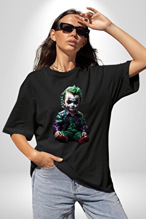 Bebek Joker Yapay Zeka Tasarımı Pamuklu Bisiklet Yaka Kadın Erkek Oversize Boyfriend Dijital Baskılı Siyah T-shirt