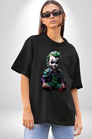 Bebek Joker Yapay Zeka Tasarımı Pamuklu Bisiklet Yaka Kadın Erkek Oversize Boyfriend Dijital Baskılı Siyah T-shirt