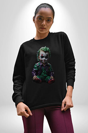 Bebek Joker Yapay Zeka Tasarımı Kadın Erkek  Siyah Baskılı Sweatshirt 