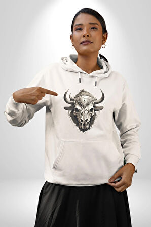 Bizon İnek Kafatası Kurumuş Kadın Erkek  Beyaz Kapüşonlu Sweatshirt Hoodie