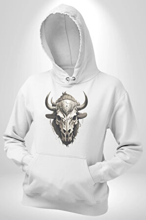 Bizon İnek Kafatası Kurumuş Kadın Erkek  Beyaz Kapüşonlu Sweatshirt Hoodie