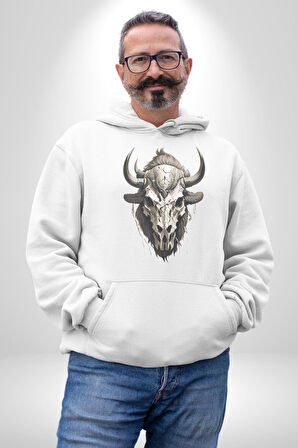 Bizon İnek Kafatası Kurumuş Kadın Erkek  Beyaz Kapüşonlu Sweatshirt Hoodie