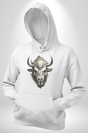 Bizon İnek Kafatası Kurumuş Kadın Erkek  Beyaz Kapüşonlu Sweatshirt Hoodie