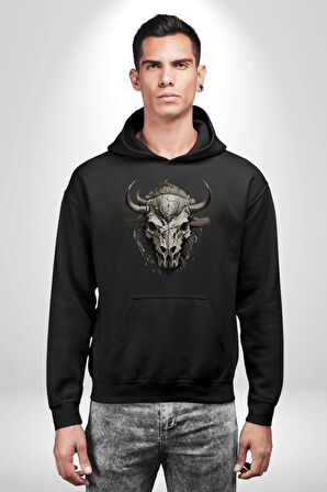 Bizon İnek Kafatası Kurumuş Kadın Erkek  Siyah Kapüşonlu Sweatshirt Hoodie