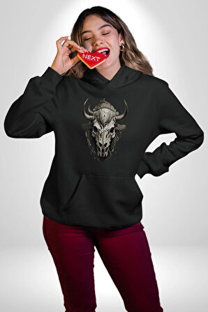 Bizon İnek Kafatası Kurumuş Kadın Erkek  Siyah Kapüşonlu Sweatshirt Hoodie