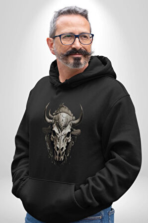 Bizon İnek Kafatası Kurumuş Kadın Erkek  Siyah Kapüşonlu Sweatshirt Hoodie
