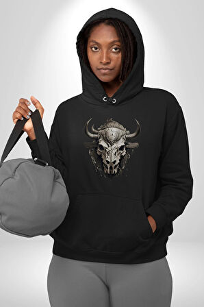 Bizon İnek Kafatası Kurumuş Kadın Erkek  Siyah Kapüşonlu Sweatshirt Hoodie