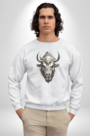 Bizon İnek Kafatası Kurumuş Kadın Erkek  Beyaz Baskılı Sweatshirt 