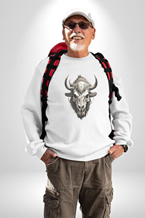 Bizon İnek Kafatası Kurumuş Kadın Erkek  Beyaz Baskılı Sweatshirt 