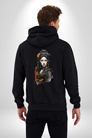 Japon Asyalı Samuray  Kadın  Kadın Erkek Siyah Renk Kapüşonlu Kanguru Cepli  Fermuarlı Pamuklu Oversize Dijital Baskılı Hırka Sweatshirt