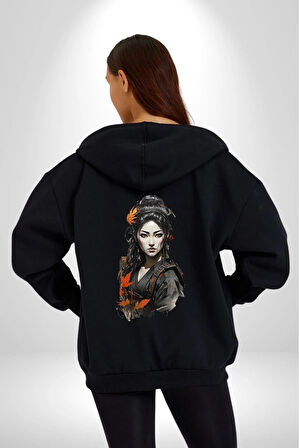 Japon Asyalı Samuray  Kadın  Kadın Erkek Siyah Renk Kapüşonlu Kanguru Cepli  Fermuarlı Pamuklu Oversize Dijital Baskılı Hırka Sweatshirt