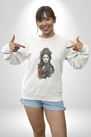 Japon Asyalı Samuray Kadın  Kadın Erkek  Beyaz Baskılı Sweatshirt 