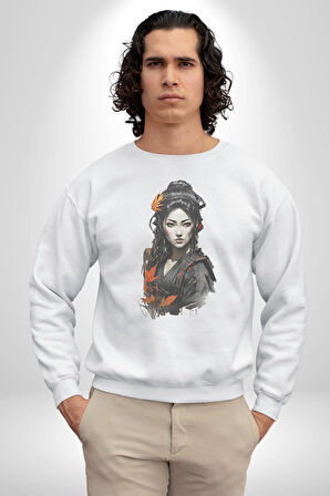 Japon Asyalı Samuray Kadın  Kadın Erkek  Beyaz Baskılı Sweatshirt 