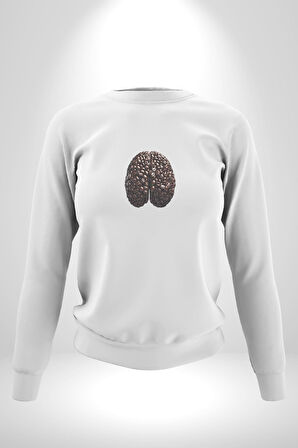 Kuru Kahve Çekirdeği Beyin  Kadın Erkek  Beyaz Baskılı Sweatshirt 