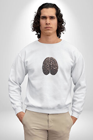 Kuru Kahve Çekirdeği Beyin  Kadın Erkek  Beyaz Baskılı Sweatshirt 