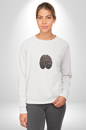 Kuru Kahve Çekirdeği Beyin  Kadın Erkek  Beyaz Baskılı Sweatshirt 