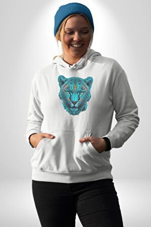 Yeşil Leopar Kafası Kadın Erkek  Beyaz Kapüşonlu Sweatshirt Hoodie