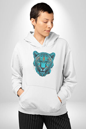 Yeşil Leopar Kafası Kadın Erkek  Beyaz Kapüşonlu Sweatshirt Hoodie