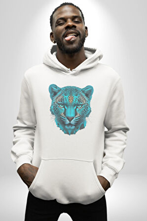 Yeşil Leopar Kafası Kadın Erkek  Beyaz Kapüşonlu Sweatshirt Hoodie