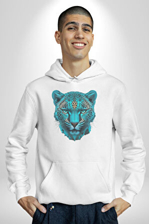 Yeşil Leopar Kafası Kadın Erkek  Beyaz Kapüşonlu Sweatshirt Hoodie