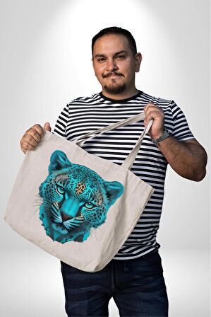 Yeşil Leopar Kafası 47X36x8 Kadın Erkek Çocuk Kanvas Körüklü Büyük Boy Çanta