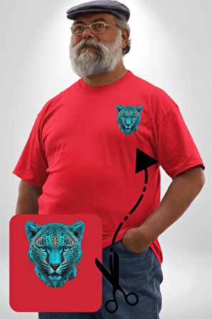 Yeşil Leopar Kafası Kırmızı Büyük Beden Kadın Basic Minimal Baskılı Tişört