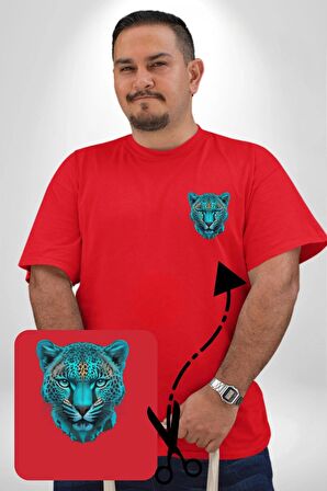 Yeşil Leopar Kafası Kırmızı Büyük Beden Kadın Basic Minimal Baskılı Tişört