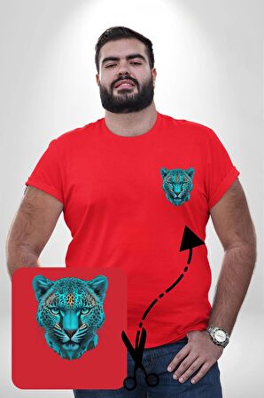 Yeşil Leopar Kafası Kırmızı Büyük Beden Kadın Basic Minimal Baskılı Tişört