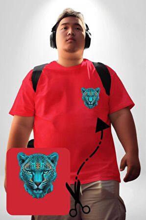 Yeşil Leopar Kafası Kırmızı Büyük Beden Kadın Basic Minimal Baskılı Tişört