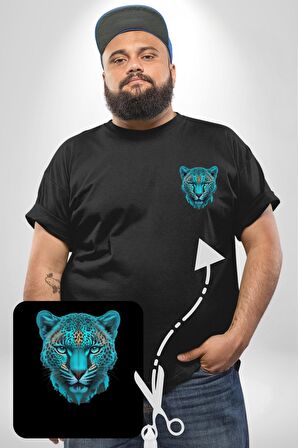 Yeşil Leopar Kafası Siyah Büyük Beden Kadın Basic Minimal Baskılı Tişört