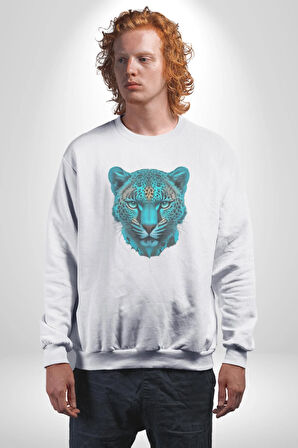 Yeşil Leopar Kafası Kadın Erkek  Beyaz Baskılı Sweatshirt 