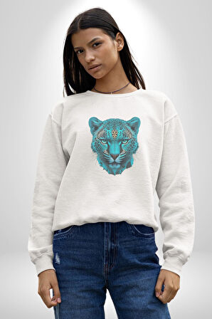 Yeşil Leopar Kafası Kadın Erkek  Beyaz Baskılı Sweatshirt 