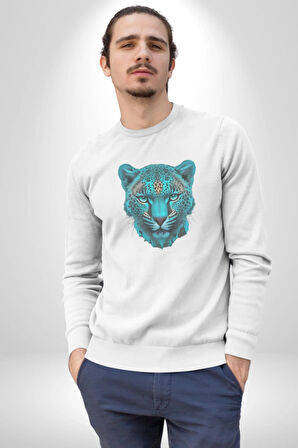 Yeşil Leopar Kafası Kadın Erkek  Beyaz Baskılı Sweatshirt 