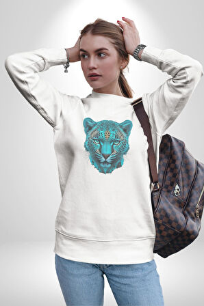 Yeşil Leopar Kafası Kadın Erkek  Beyaz Baskılı Sweatshirt 