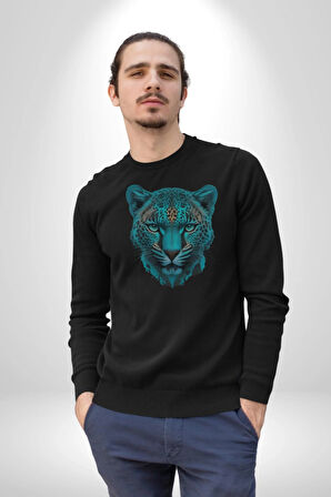 Yeşil Leopar Kafası Kadın Erkek  Siyah Baskılı Sweatshirt 