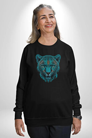 Yeşil Leopar Kafası Kadın Erkek  Siyah Baskılı Sweatshirt 
