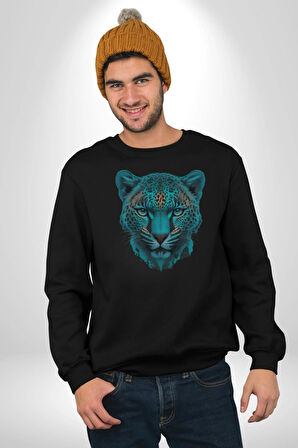 Yeşil Leopar Kafası Kadın Erkek  Siyah Baskılı Sweatshirt 