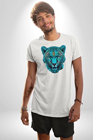 Yeşil Leopar Kafası Kadın Erkek Unisex Beyaz Organik Baskılı T-Shirt Penye Yüksek Kalite