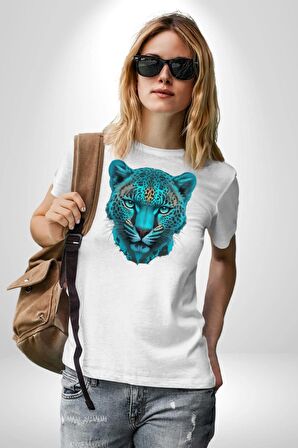 Yeşil Leopar Kafası Kadın Erkek Unisex Beyaz Organik Baskılı T-Shirt Penye Yüksek Kalite