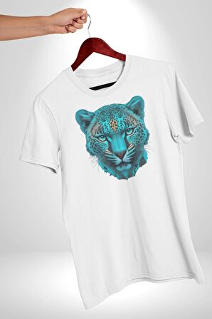 Yeşil Leopar Kafası Kadın Erkek Unisex Beyaz Organik Baskılı T-Shirt Penye Yüksek Kalite